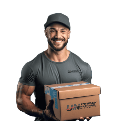 A professional mover holding a secure cardboard box representing United National Movers moving services.